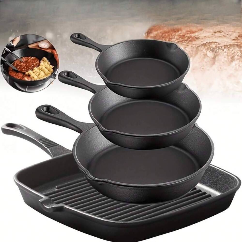 Camping Cooking Set Large - 4종 주철 조리기구 세트, 원형 프라이팬