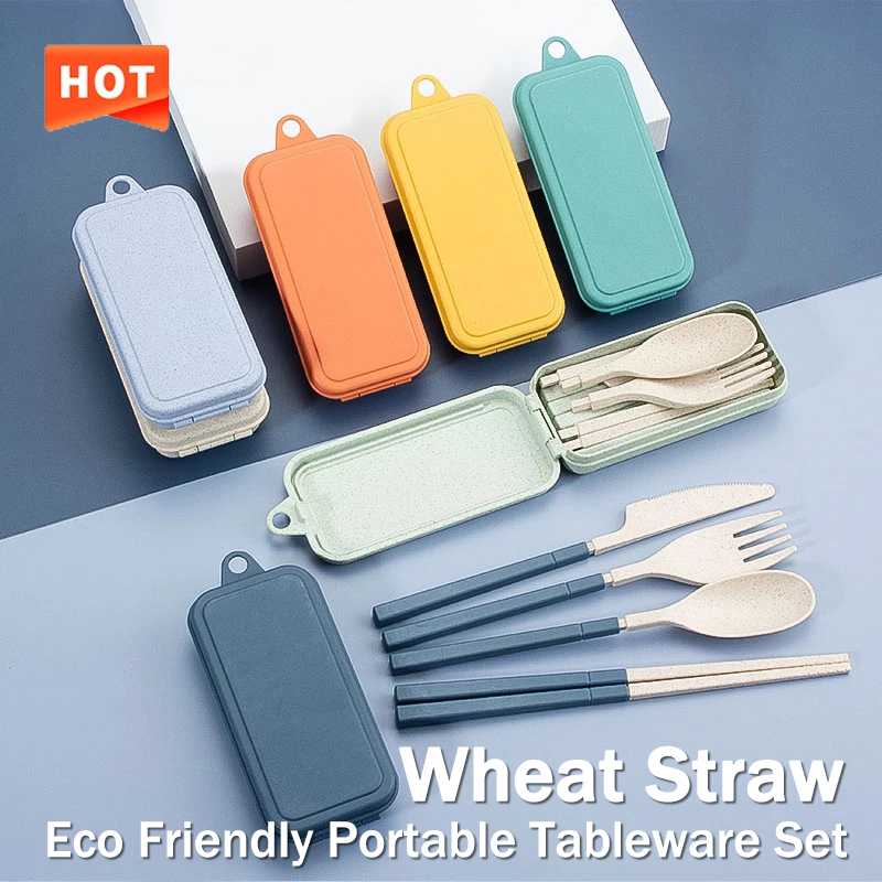 Camping Cooking Cutlery Set - 4개 세트 휴대용 식기 세트 밀짚