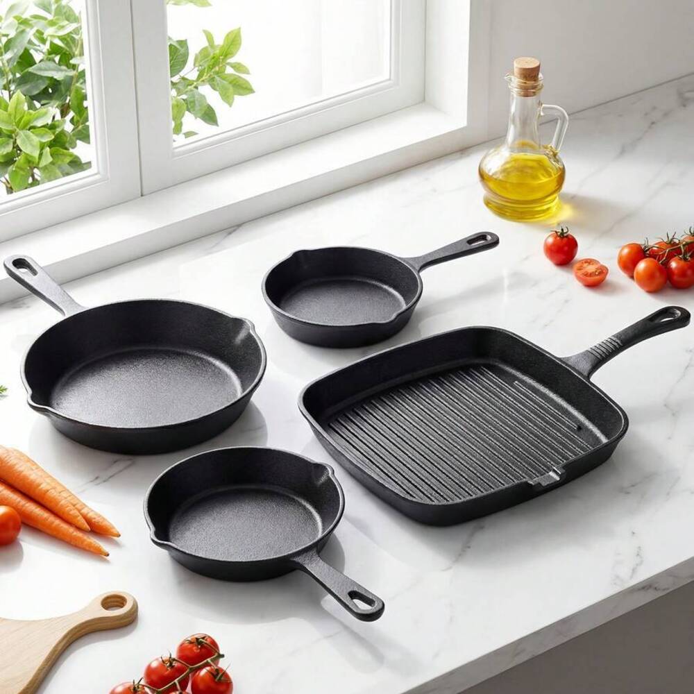4종 주철 조리기구 세트, 원형 프라이팬 & 사각 그릴 - Camping Cooking Set Large 리뷰 및 가격