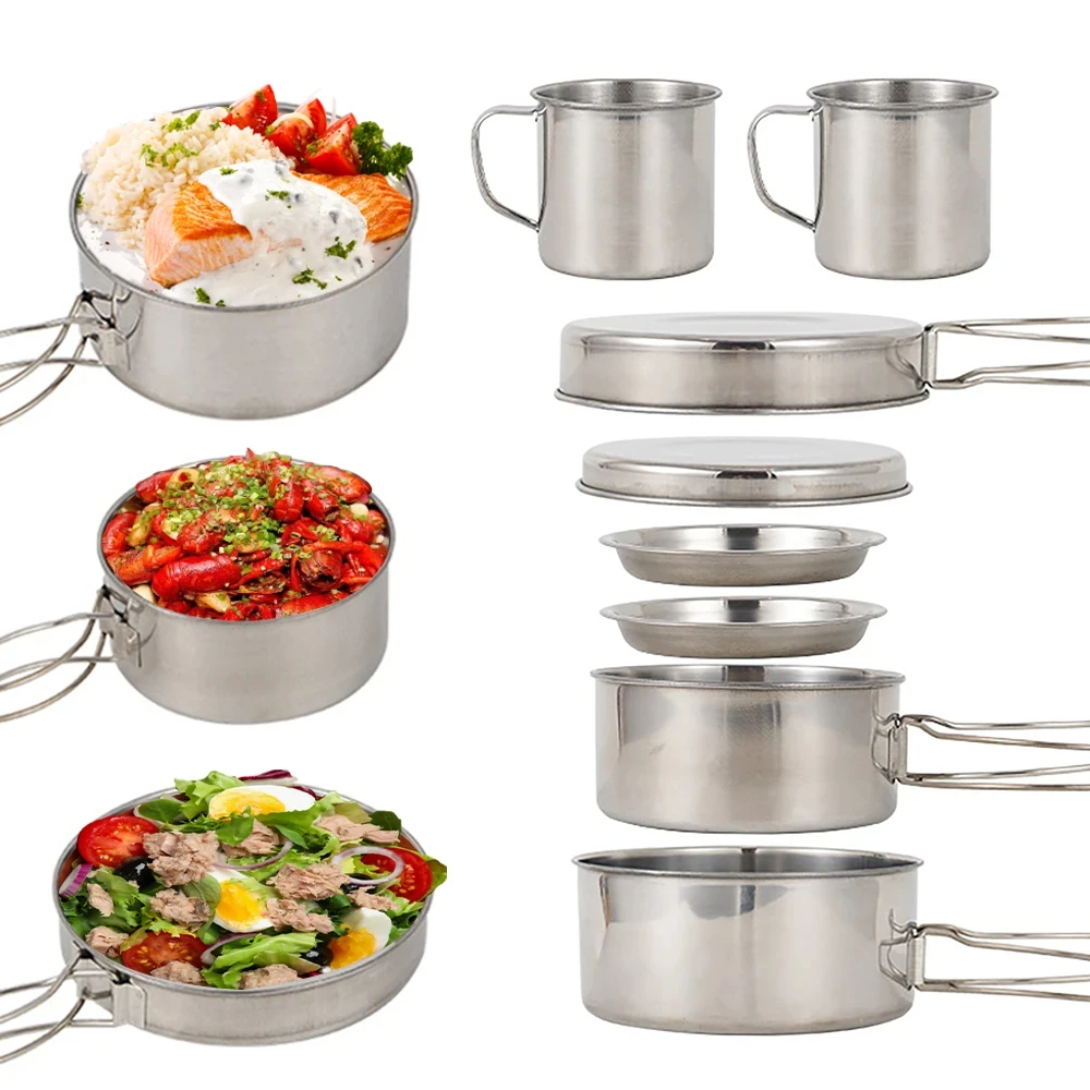 8개/세트 캠핑 조리기구 세트 스테인리스 스틸 요리 냄 - Camping Cooking Set Large 리뷰 및 가격